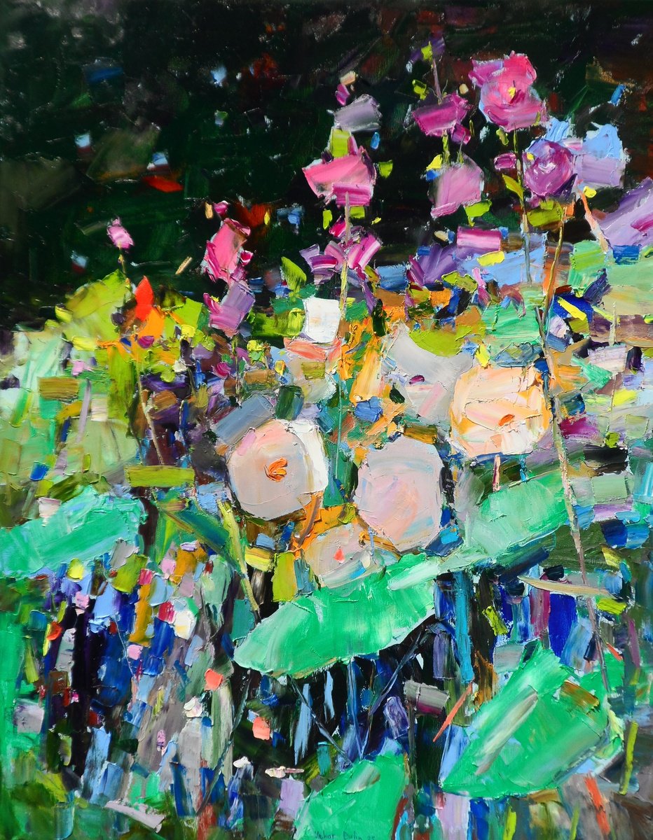 Impressionistic Botanical Oil Painting By Yehor Dulin, 28 X 35", «Mallows», Original Artwork