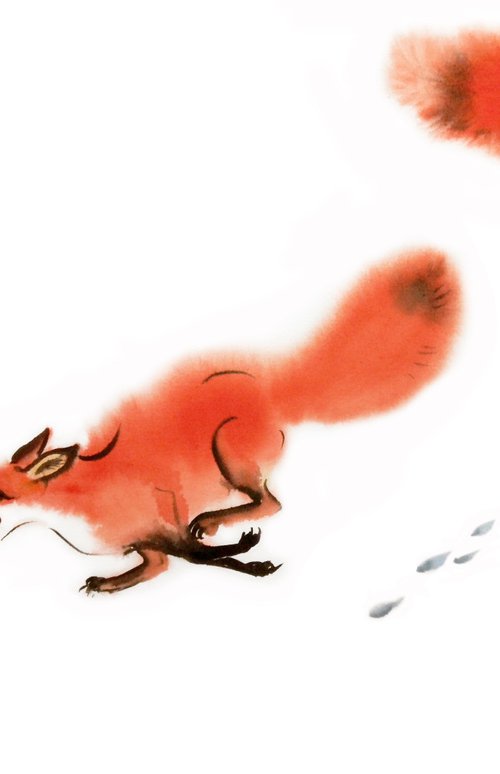 Fun in the snow - two red foxe by Olga Beliaeva Watercolour