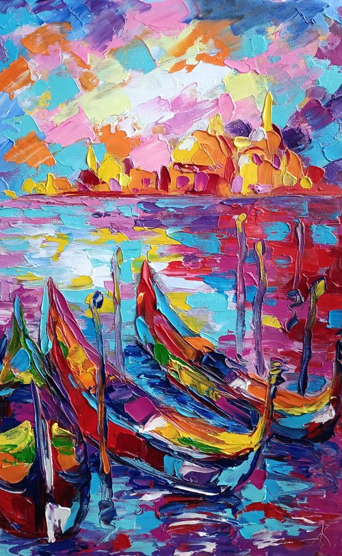 Sunset in Venice - painting cityscape, sunset, Italy, cityscape Venice, gondolas in Venice, evening Venice, landscape, oil painting, street scenery, oil painting, impressionism, city, gift by Anastasia Kozorez