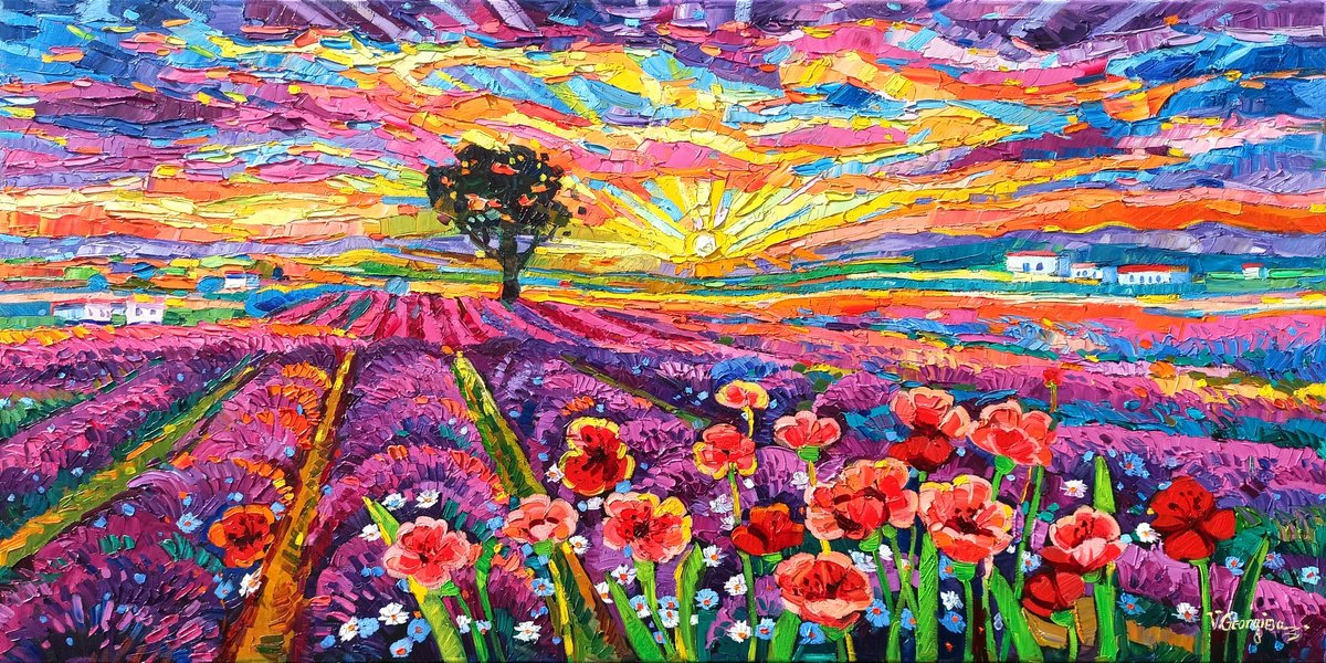 Expressive Landscape Oil Painting By Vanya Georgieva, 47 X 24", Lavender Fields 8, Original Artwork