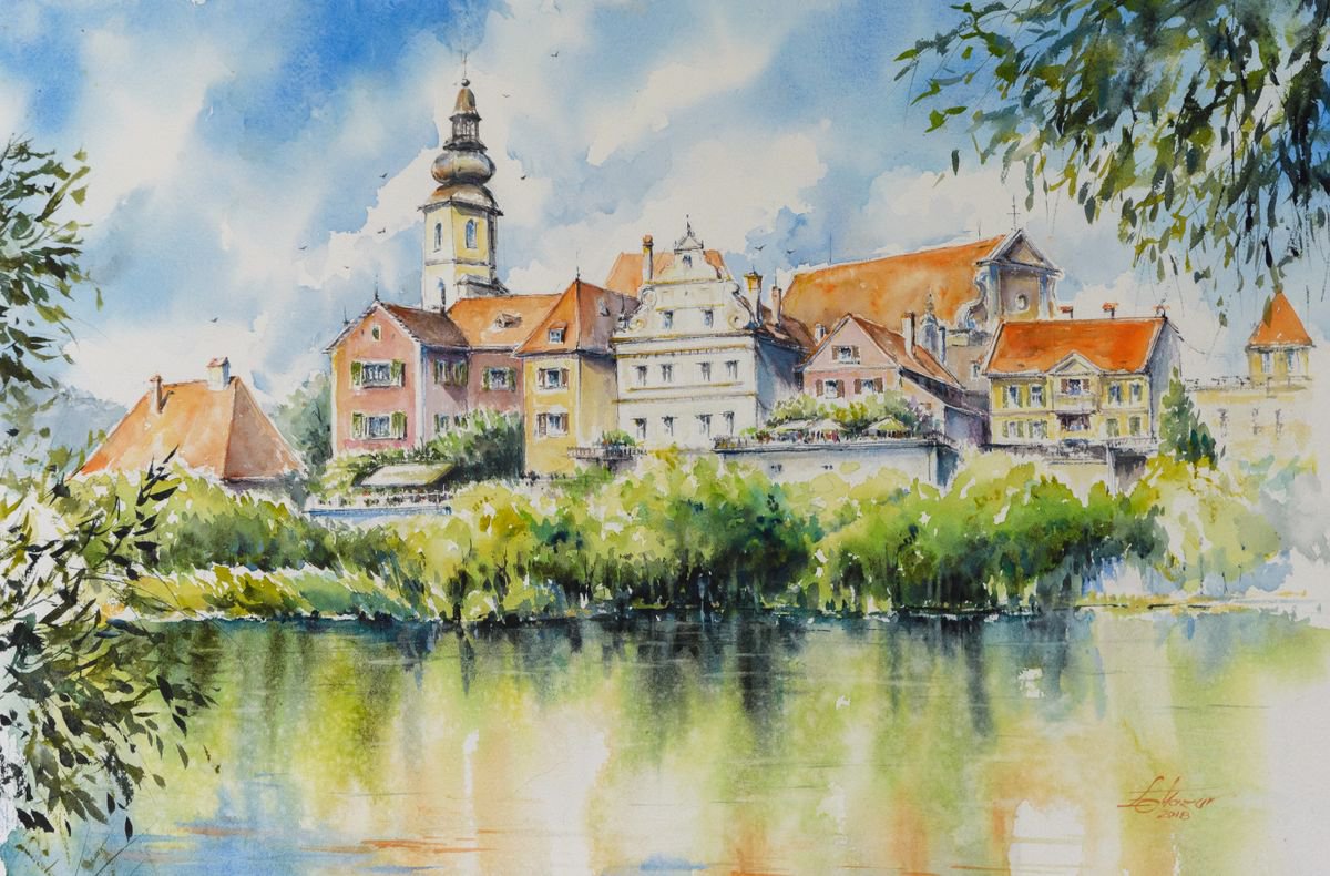 Photorealistic Cityscapes Watercolour By Eve Mazur, 22 X 15, Frohnleiten, Original Artwork