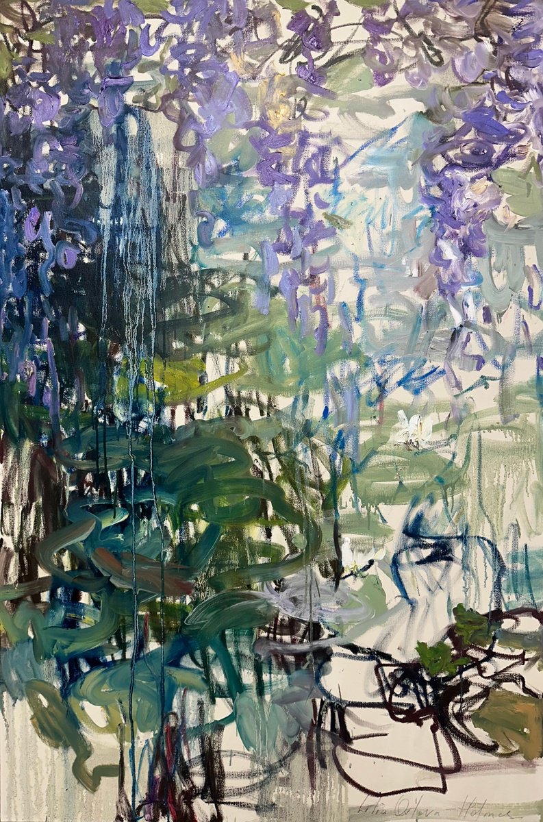 Expressive Abstract Oil Painting By Lilia Orlova-Holmes, 39 X 59", Wisteria Over The Pond, Original Artwork
