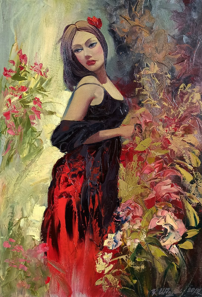 Impressionistic Portrait Oil Painting By Kamo Atoyan, 16 X 24", In The Garden, Original Artwork