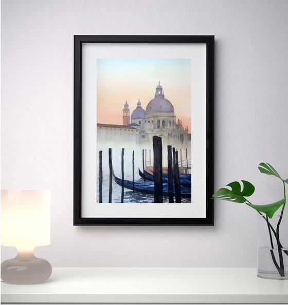 Canal Grande Venice Italy - Gondolas -  fog - sunrise - Santa Maria della Salute