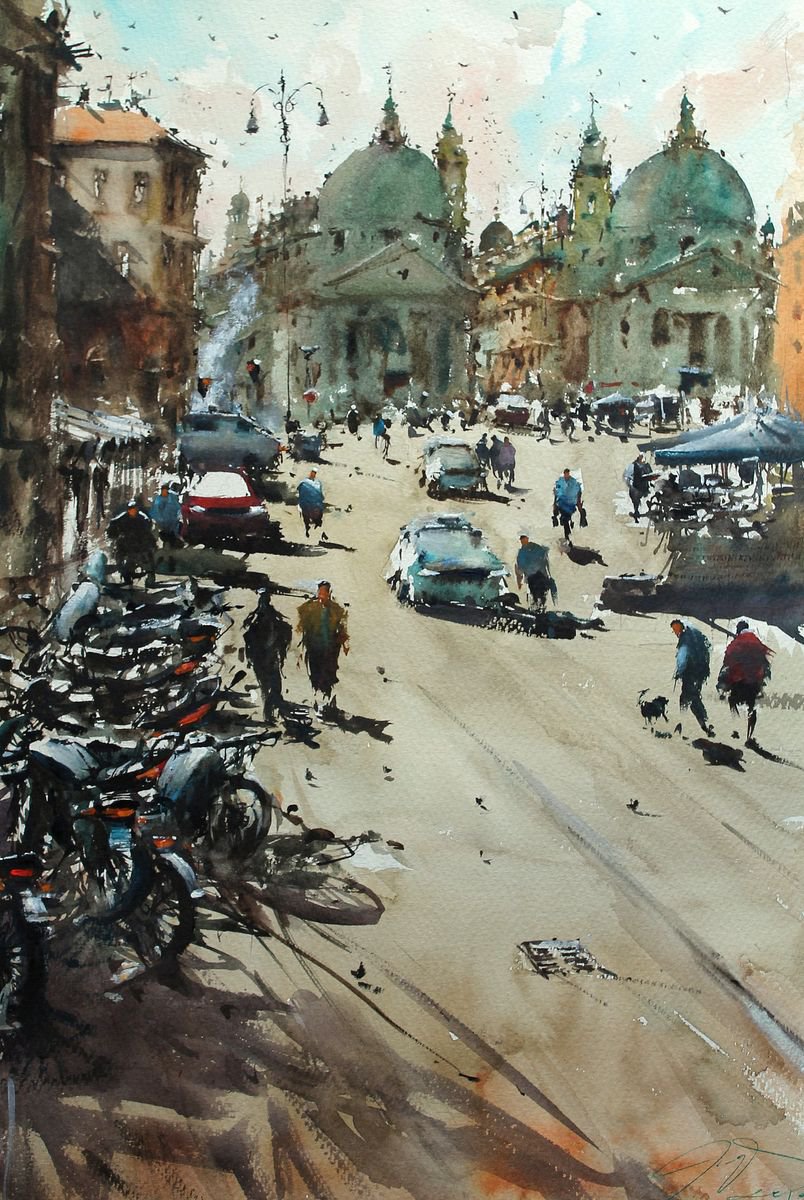 Impressionistic Cityscapes Watercolour By Maximo Damico, 15 X 22", Un Pomeriggio A Roma, Original Artwork