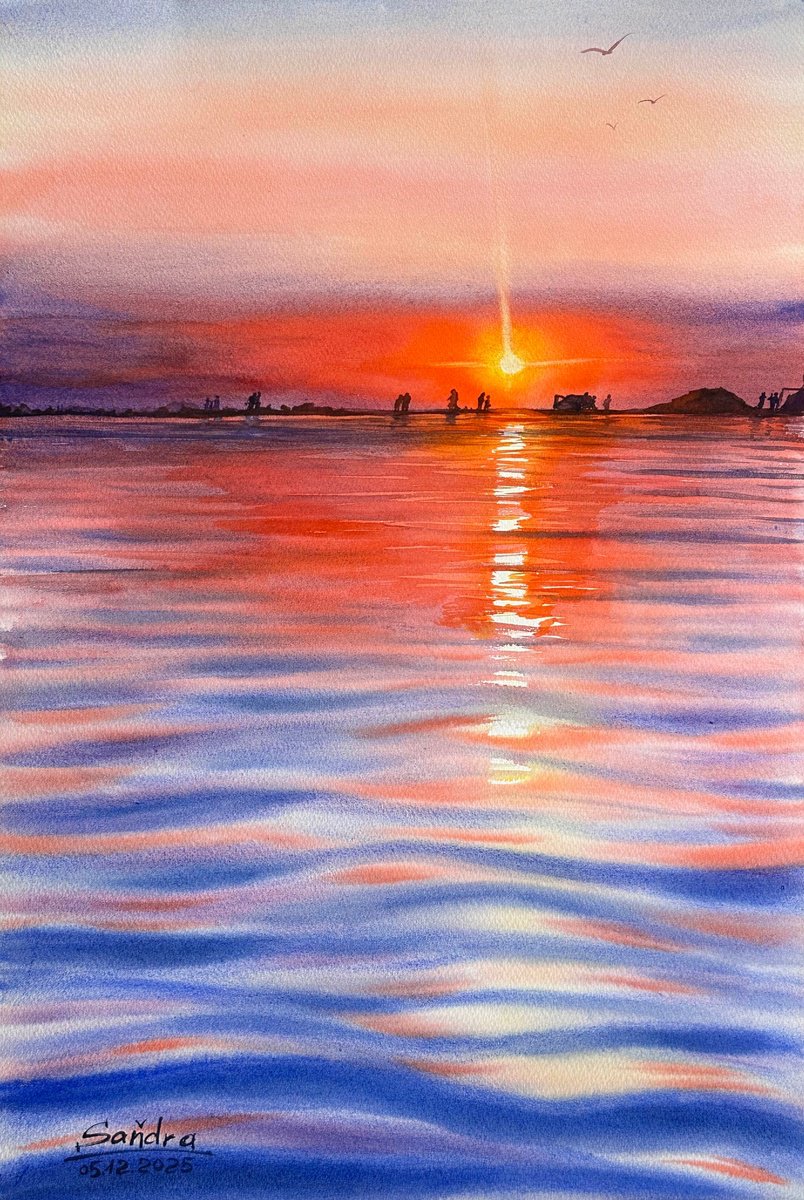 Photorealistic Watercolour , Admiring The Sunset On The Way Home By Oleksandra Padushyna, 15 X 22, Artwork For Sale On Artfinder