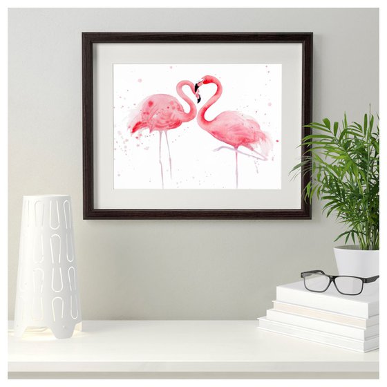 Flamingos Heart #2 - Two Pink Flamingos, Love, Romantic, Tropical birds, Exotic Birds, Valentines day gift, Flamingo Artwork