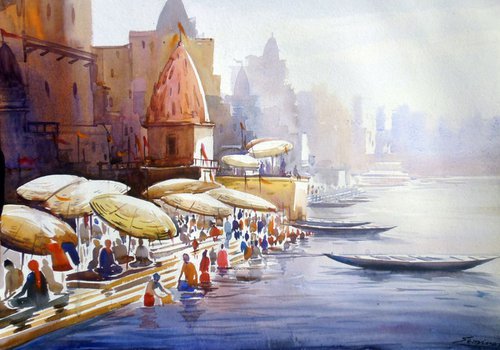 Varanasi Ghat at Morning-Watercolor on Paper by Samiran Sarkar