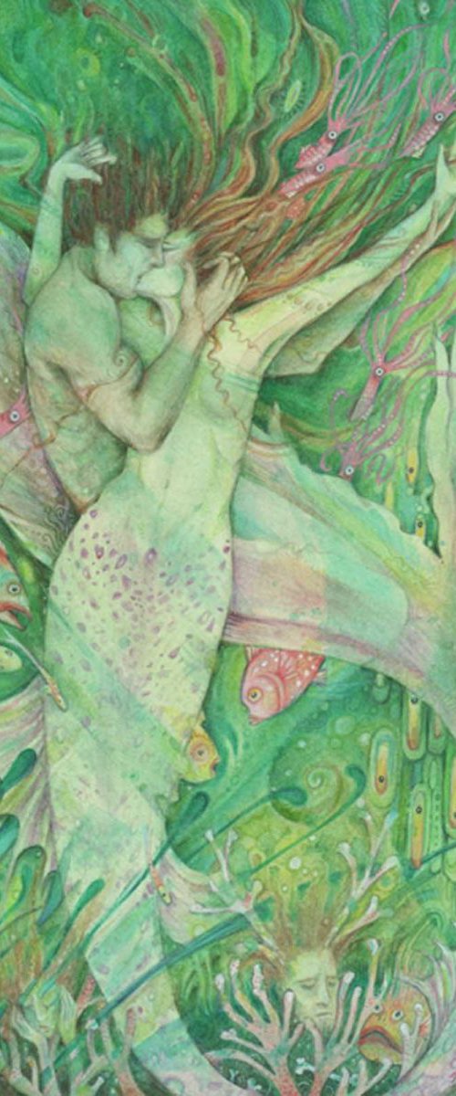 The Mermaid and the Sailor painting of mermaid lovers in watercolor by Liza Paizis