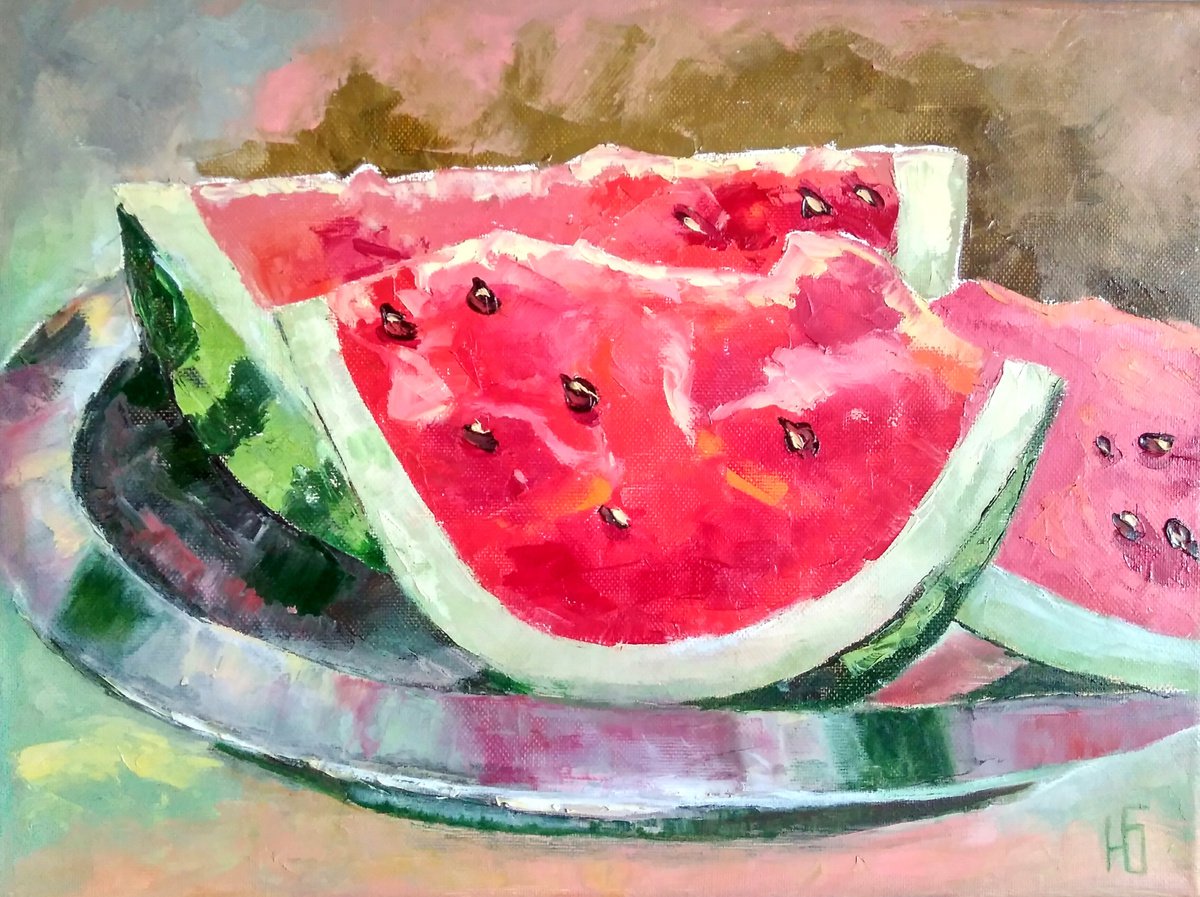 Watermelon slices, Watermelon Painting Original Art Fruit Artwork Still Life Kitchen Wall... by Yulia Berseneva