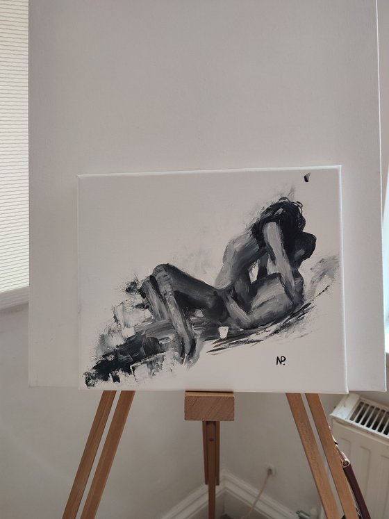 Couple, black and white erotic nude oil painting, gift idea, art for gift