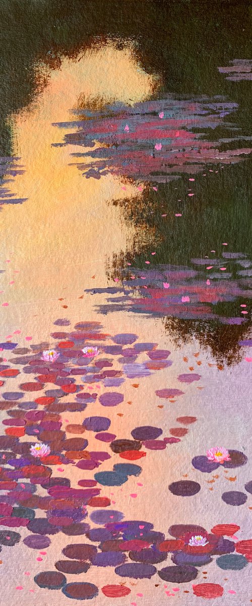 Sunset glow on lily pond! A3 size Painting on Indian handmade paper by Amita Dand