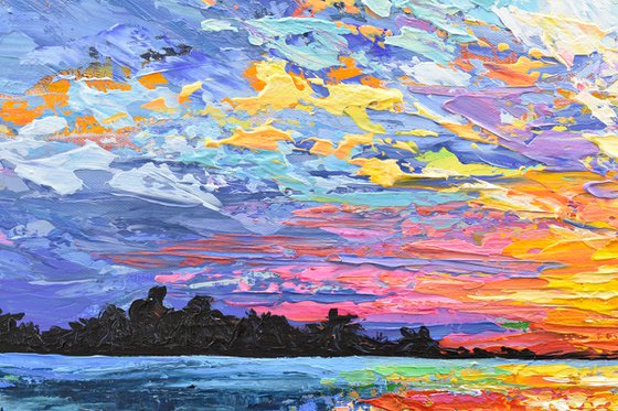 Magical Sunset - Original Sunset Painting on Canvas, Heavy impasto seascape artwork