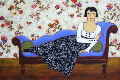 Reclining Woman with Black and White Rose Dress by Karen Rieger