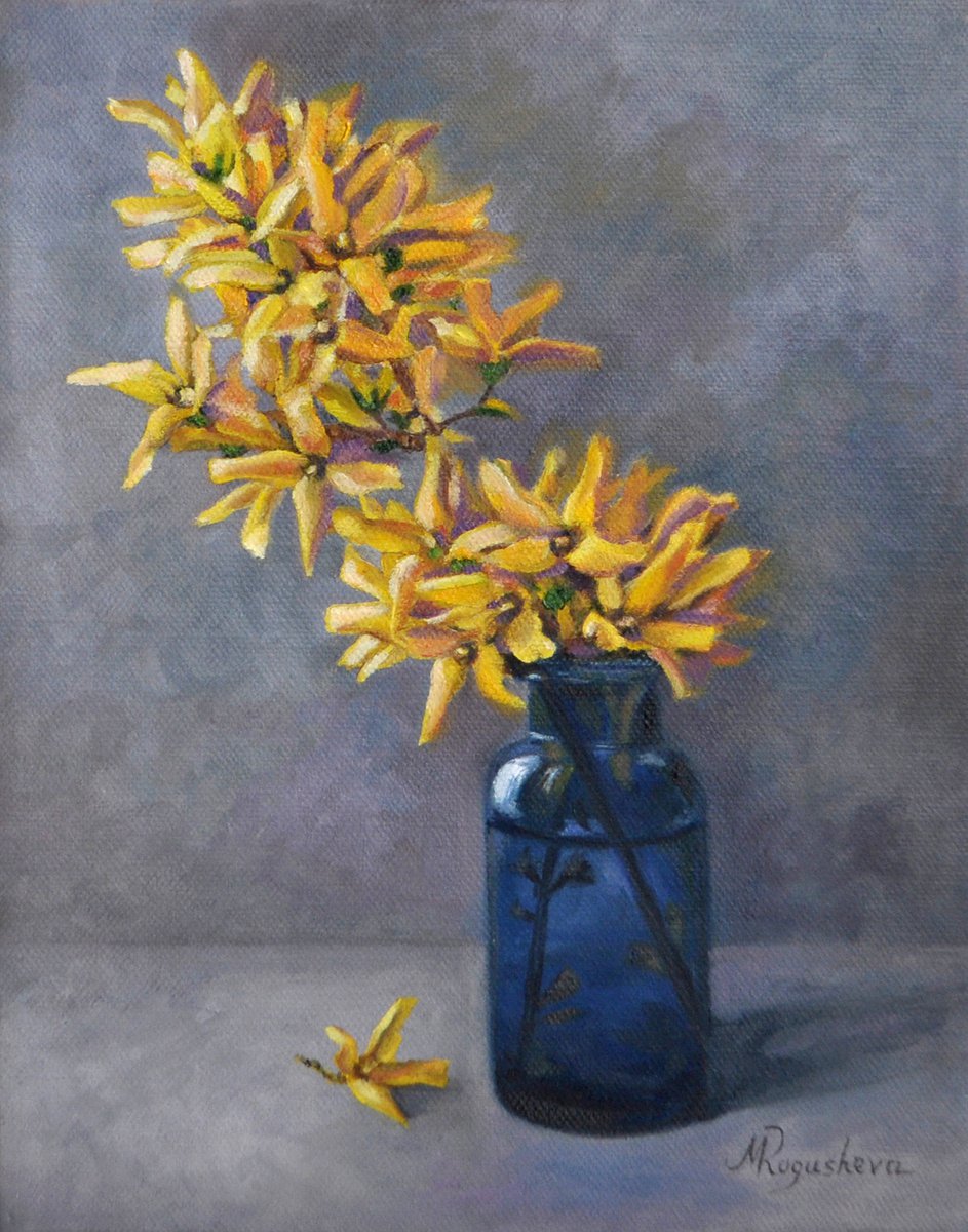 Forsythia in the blue bottle original oil painting by Marina Petukhova