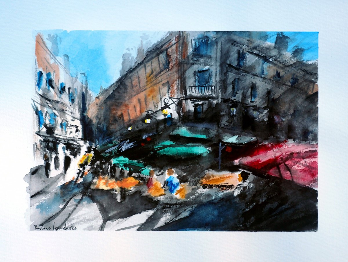 Impressionistic Cityscapes Watercolour By Ruslana Levandovska, 11 X 9", Paris Street Cafes Watercolor, Original Artwork