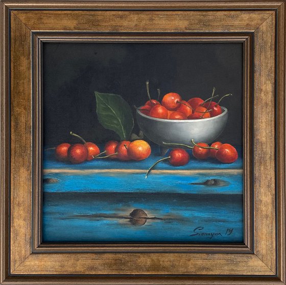 Still life- cherries (25x25cm, oil painting, ready to hang)