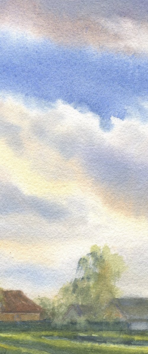 Sky 14. Floating clouds / Rural scene Original watercolor Summer picture by Olha Malko