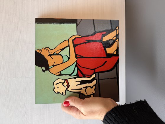 Dog and Woman in Red Skirt Small Painting