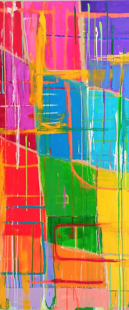 LARGE ABSTRACT COLORFUL INTERIOR DESIGN COMMERCIAL DECOR OFFICE RESTAURANT OVERSIZED COLORBLOCK "Rainbow Drip 101" 48" X 60" by Carrie White