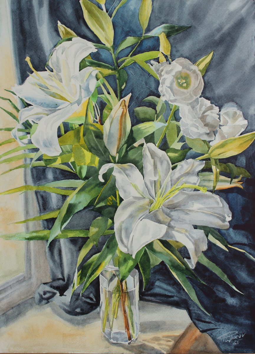 Impressionistic Botanical Watercolour By Yurii Pashkov, 22 X 30", White Lilies #7, Original Artwork