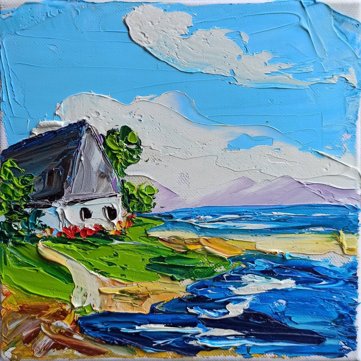 Impressionistic Landscape Oil Painting By Oksana Fedorova, 8 X 8", The Small House By The Sea, Original Artwork