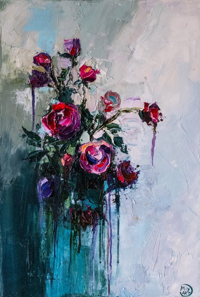Impressionistic Botanical Oil Painting By Mily Art, 16 X 24", Red Rose Impasto Wall Art, Original Artwork