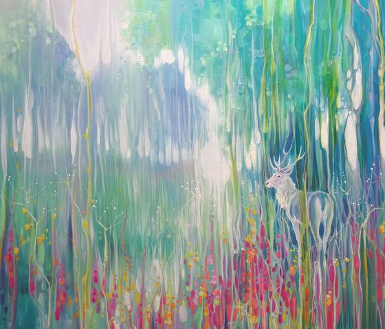 Spirit of May - an art nouveau contemporary landscape painting of a white spectral deer in a wildflower meadow