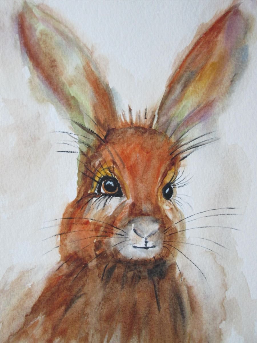 HAPPY HARE, bunny rabbit wild life, watercolour by MARJANSART