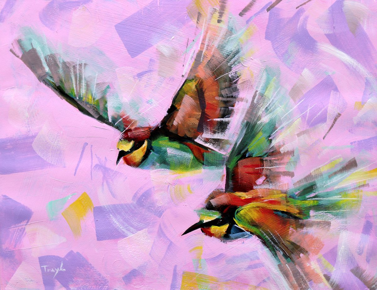 Impressionistic Animal Acrylic Painting By Trayko Popov, 26 X 20", Birds Always Fly Together, Original Artwork