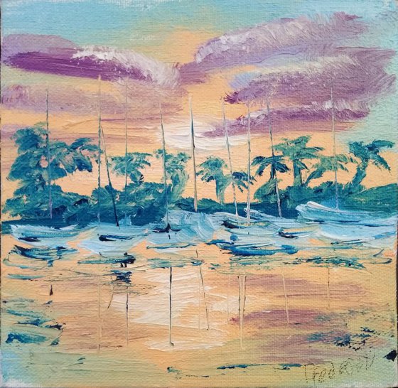 Tropical Sunset and yachts miniature painting