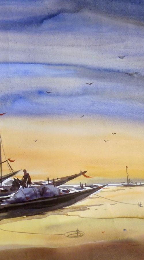 Fishing Boats at Seashore-Watercolor on paper by Samiran Sarkar