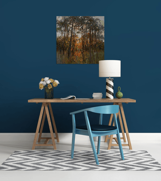 Autumn forest at sunset  Landscape painting