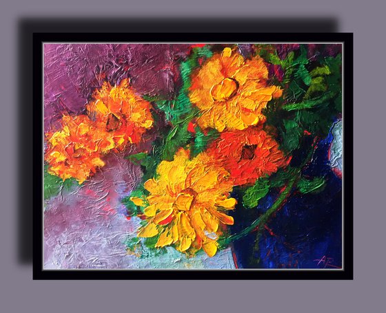 Sunny Marigold Flowers Oil Painting