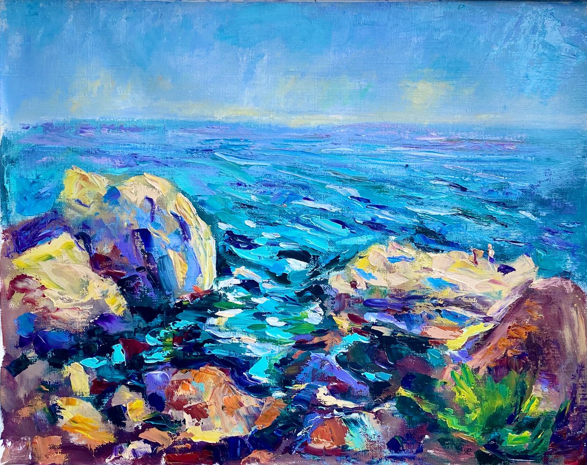 Crimea - Wild beach life, 47*37cm, impressionistic oil sea landscape painting by Olga Blazhko