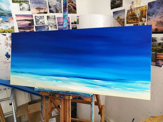 Seascape, Sky Blue  - Panoramic, XL, Modern Art Office Decor Home