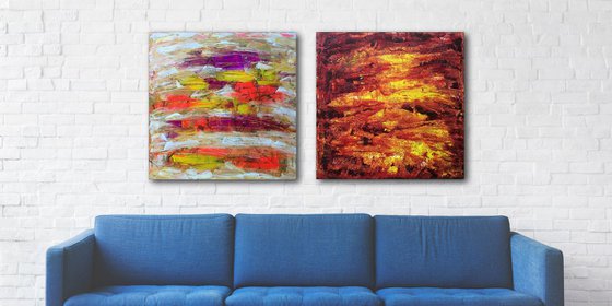 "Emotionally Charged" - Save As Series - Original Large PMS Abstract Diptych Acrylic Paintings On Canvas - 60" x 30"