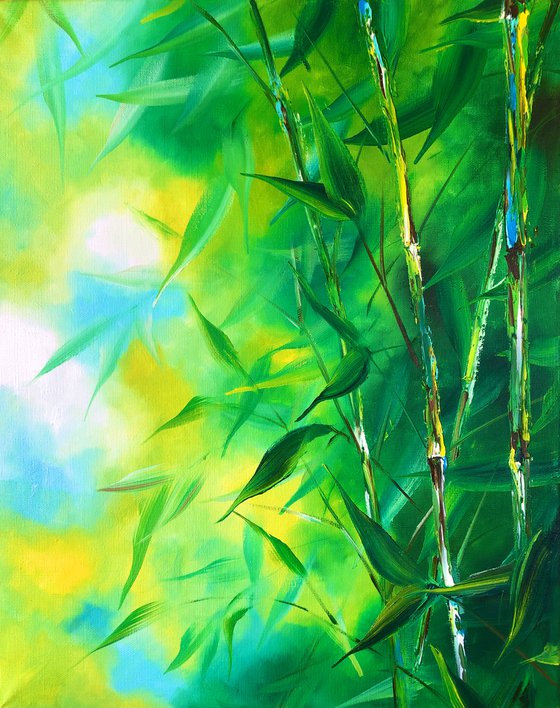 RUSTLE OF LEAVES - Bamboo thickets. Forest landscape. Nature of Asia. Green leaves. Abstract background. Jungle. Cane.