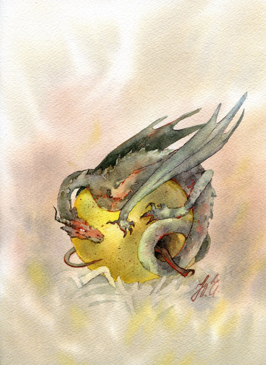 Dragon on apple in Watercolor, Fantasy by Yulia Evsyukova by Yulia Evsyukova