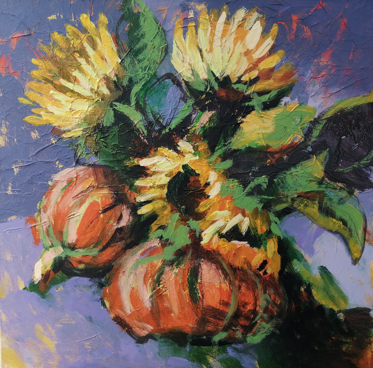 Expressive Still Life Acrylic Painting By Olga David, 24 X 24", Sunflowers With Pumpkins, Original Artwork
