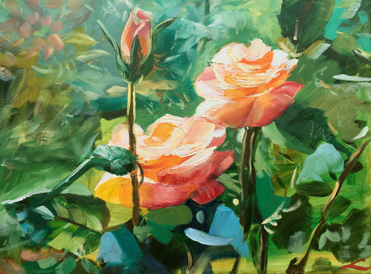 Impressionistic Botanical Oil Painting By Elena Sokolova, 16 X 12, Roses, Original Artwork