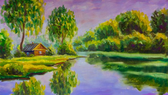 A brown old wooden house on the bank of a lake water lake is a rustic landscape. Rural summer landscape. Original of oil painting.
