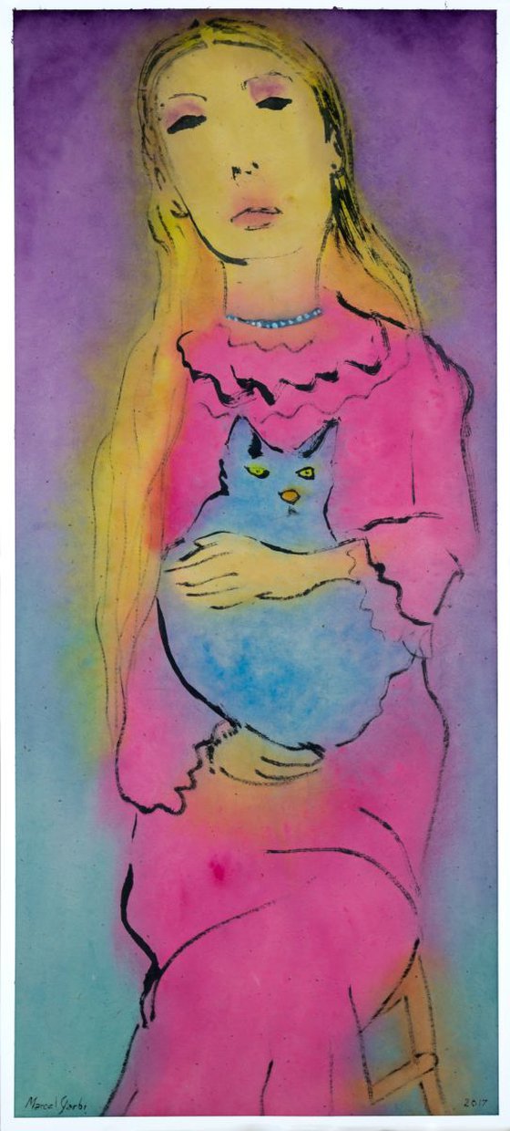 Blonde woman with blue cat