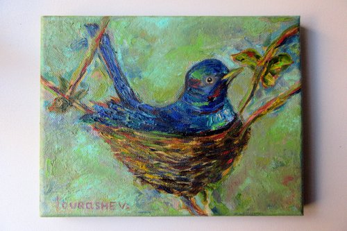 Blue Torquoise Titmouse Painting 6x8in Oil,Pretty Mini Canvas Art,Lady Bird Nest,Inspirational Miniature,Birdwatching,Farmhouse Gallery Wall by Katia Ricci