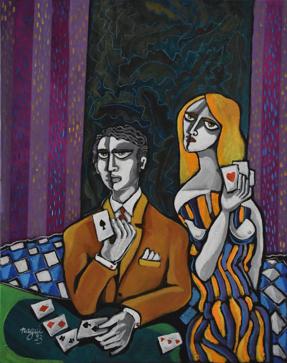 Expressive Portrait Acrylic Painting By Nagui, 16 X 20", Card Players 23, Original Artwork