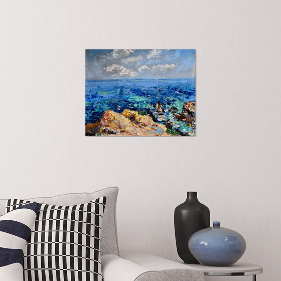 Secret Bathing - Crimea life, 47*37cm, impressionistic oil sea landscape painting