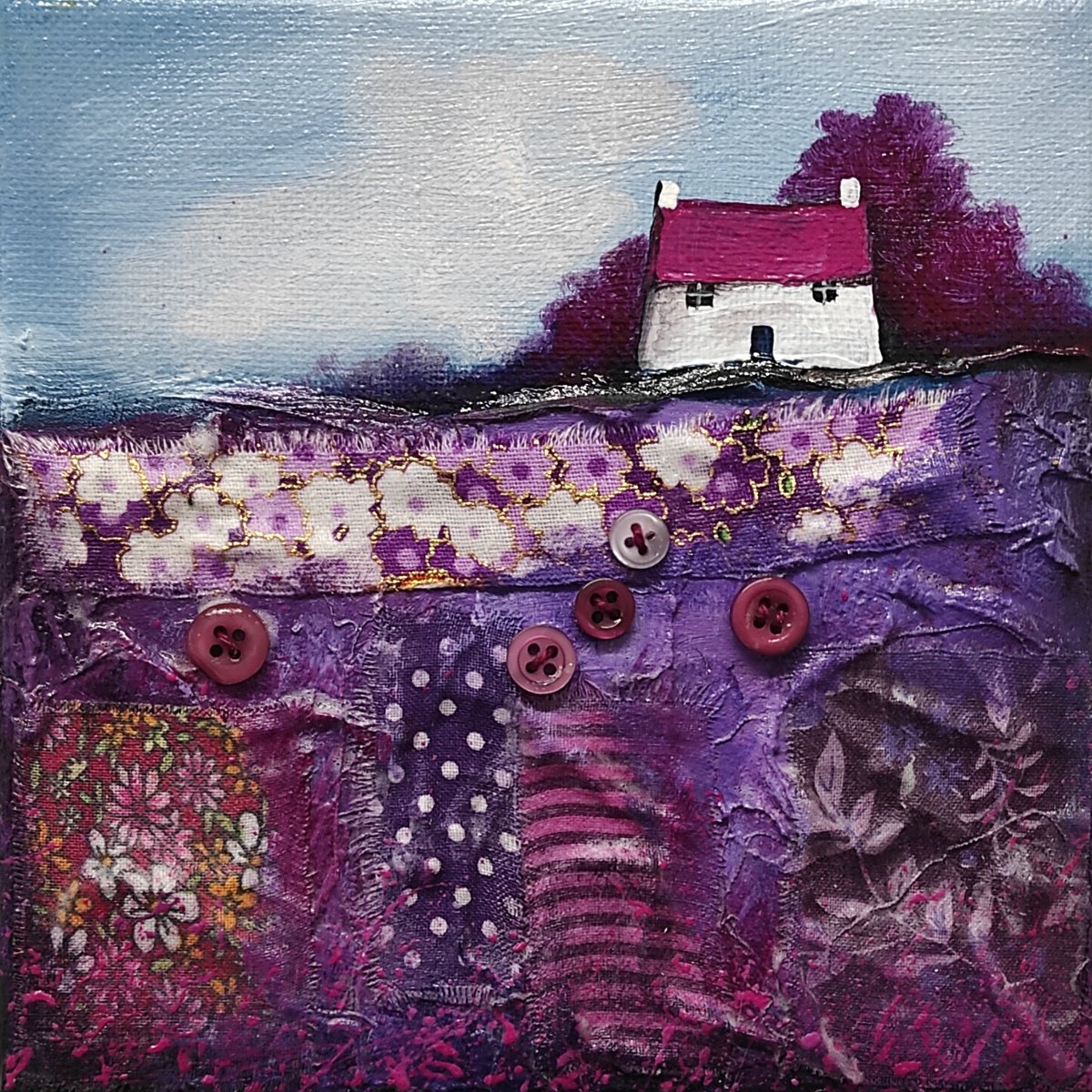 Little cottage on purple patchwork Field Textured Landscape by Jane Palmer Art