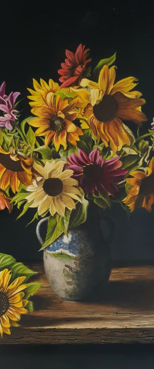 Multicolor sunflowers in a dark atmosphere (55x70cm) by Jan Teunissen
