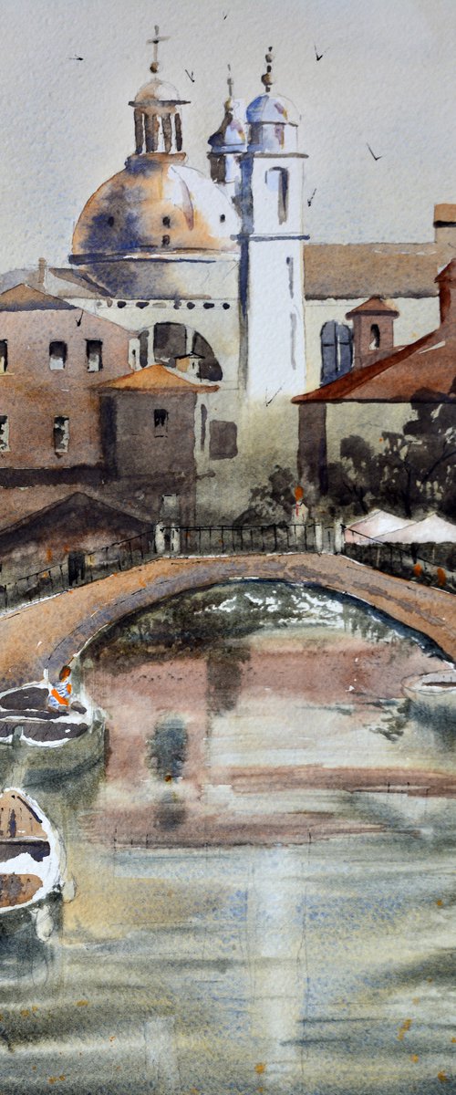 Venice Canal boat and bridge Venice Italy 17x36 cm 2022 by Nenad Kojić watercolorist