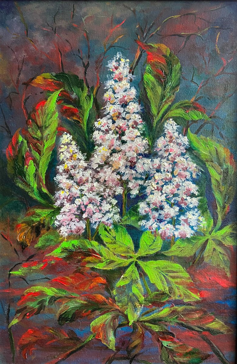 Impressionistic Botanical Oil Painting By Galyna Shevchencko, 16 X 24, Flowering Chestnut, Original Artwork